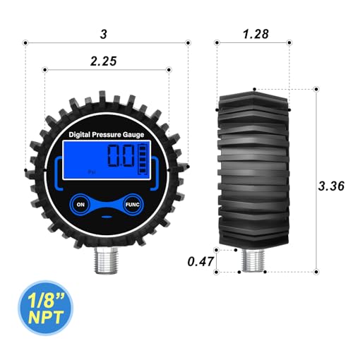 MEANLIN MEASURE 0-300PSI Digital Pressure Gauge with Rubber Cover, Lower Mount, Accuracy 1%, Resolution 0.1psi, with 1/8" x 1/4" and 1/8" x 3/8" NPT Hex Bushing - size: 0 - 300 PSI, style: Lower Mount (1/8 NPT)