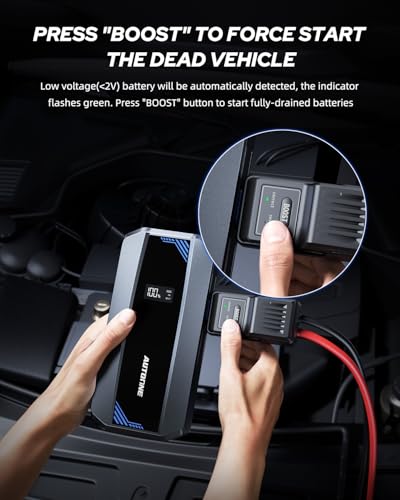 AUTOONE Car Jump Starter 6000A Battery Booster, Portable Battery Pack for All Gas 10L Diesel, 12V Jump Box with Smart Jumper Cable for Car Battery, Vehicle Lithium Starter, LCD Display, w/LED Light - size: 6000A-JS1M