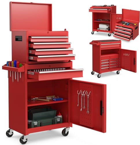 Goplus Tool Chest, 5 Drawers Rolling Tool Cabinet with Detachable Top Toolbox, Universal Lockable Wheels, Lock Bar, Protective Liner & Tool Rack, Metal Tool Storage Cart, Tool Box for Garage Workshop - color: Red, style: 5-Drawers
