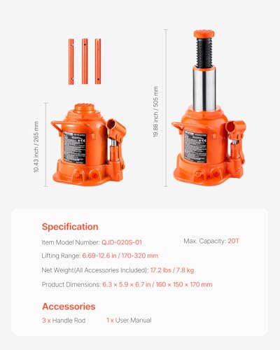 VEVOR Hydraulic Bottle Jack, 20 Ton/44092 lbs Low Profile Welded Bottle Jack with 6.69''-12.6'' Lifting Range & 3-Section Long Handle, for Car, Pickup, Truck, RV, Auto Repair, Industrial Engineering - style: 20T