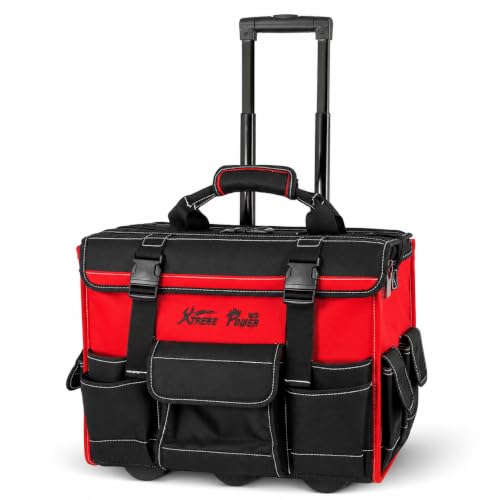 XtremepowerUS Rolling Tool Bag Wheels, 18-Inch Heavy Duty Tool Bag Organizer, Retractable Telescoping Handle, Durable Multi-Pocket Tool Tote Construction, Electrical, Plumbing, HVAC & Mechanic Tools