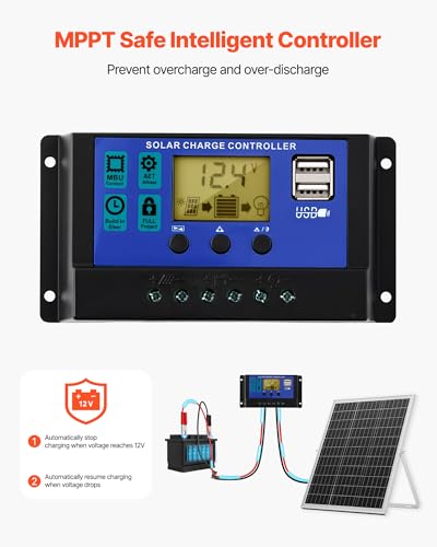 VEVOR 25W 12V Solar Panel Battery Charger, Solar Battery Trickle Charger Maintainer with Intelligent MPPT Controller & Adjustable Mount Bracket, IP67 Waterproof for Car Boat RV Motorcycle Trailer - style: 25W