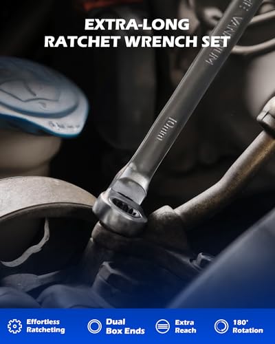 OMT 6Pc Metric Extra Long Flex-Head Ratcheting Wrench Set, 8-19mm Range | Durable 40CrV Steel Build; 72-Tooth Gearing; 180° Rotating Flex-Head; 12-Point Design; High-Torque Performance For Mechanics