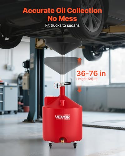 VEVOR 18 Gallon Waste Oil Drain Tank, Industrial Fluid Drain Tank with Adjustable Funnel Height, Portable Oil Drainer with Wheels, Fluid Fuel Transfer Drainage for Auto Repair Shops, Garages, Red - size: 18 Gallon