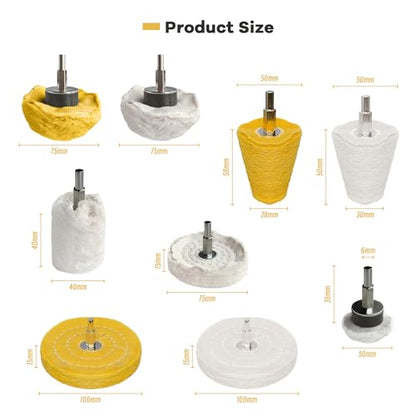 9PCS Buffing Wheels for Drill, Polishing Wheel Set with Yellow & White Pads, Cotton Buffing Kit for Metal Stainless Steel Aluminum Chrome Jewelry Wood Plastic Polishing, Rust Removal Tool - color: 9PCS-Yellow & White