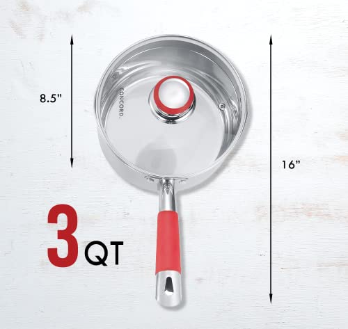 Concord 3 Quart Stainless Steel Saucepan with SIMPLE POUR Vented Glass Lid. Features Dual Pouring Spouts and Volume Marking. Perfect for making Sauces, Jam, Ramen, and more - size: 3 QT