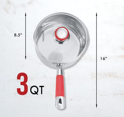 Concord 3 Quart Stainless Steel Saucepan with SIMPLE POUR Vented Glass Lid. Features Dual Pouring Spouts and Volume Marking. Perfect for making Sauces, Jam, Ramen, and more - size: 3 QT