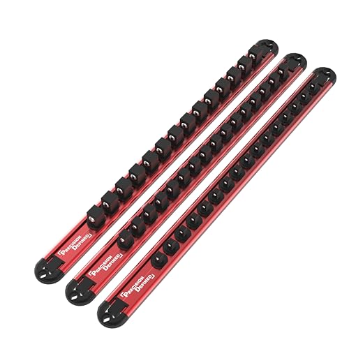 Precision Defined Aluminum Tool Socket Holder 3-Piece Set | Red, 1/4-Inch x 16 Clips, 3/8-Inch x 16 Clips, 1/2-Inch x 14 Clips | 360 Rotation - Heavy Duty Socket Rails Organizer, Socket Storage - color: Red