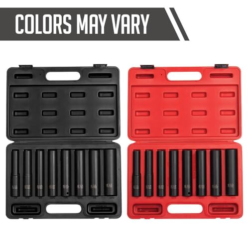 SUNEX TOOLS 2848, 1/2 Inch Drive Impact Socket Set, Extra Long Deep, 8-Piece, SAE, 1/2"-15/16", Cr-Mo Alloy Steel, Radius Corner Design, Dual Size Markings, Heavy Duty Storage Case