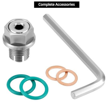 QWORK Stainless Steel M14.1-1.5 x 15mm Oversize Oil Drain Plug, Self Tapping Oil Pan Thread Repair Kit with Hex Key, O-Rings, and Copper Gaskets