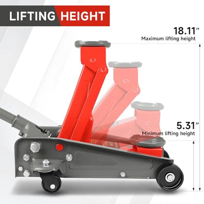 LARBANKE 3 Ton Floor Jack, 6600 Lbs Fast Lift Floor Jack with Wheels, Carbon Steel Heavy Duty Jack with 5.31"-18.11" Lifting Range, Stable Support for Most Cars,Red