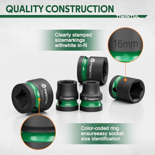 1/2" Drive Shallow Impact Socket Set, 8-24mm, Metric, CR-MO, | 6-Point, 16 Pieces Stubby Socket Set for Automotive Maintenance, Repairs and DIY Projects - size: 16pcs-1/2"