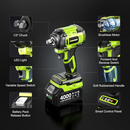 Robustrue Cordless Impact Wrench, 590Ft-lbs (800N.m) Brushless 1/2 inch, 2800RPM High Torque Impact Gun, 2x 4.0Ah Battery, Charger, 4 Sockets, Electric Impact Wrench for Car Home - size: 800N.m
