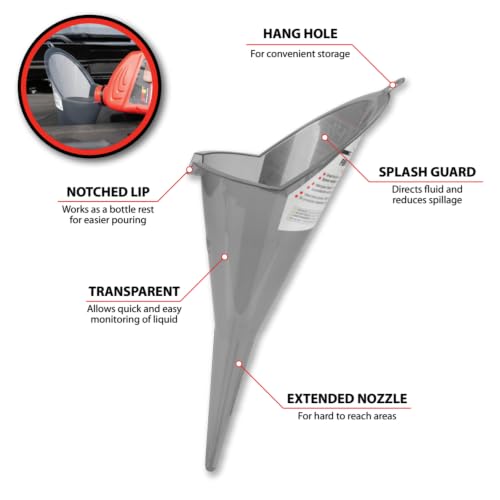 Performance Tool W4058 Clear View XL Long-Reach Funnel, 1.5 Pint, Splash Guard, Bottle Rest, Oil, Transmission Fluid, Coolant, Gear Oil, Automotive Funnel, Gray