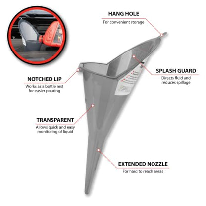 Performance Tool W4058 Clear View XL Long-Reach Funnel, 1.5 Pint, Splash Guard, Bottle Rest, Oil, Transmission Fluid, Coolant, Gear Oil, Automotive Funnel, Gray