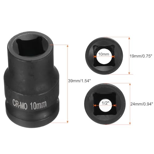 HARFINGTON 2pcs 4 Point Square Socket 1/2" Drive 10mm Metric Square Impact Socket CR-MO Blackening Standard Wheel Sockets Pneumatic Socket Tool for Auto Repair Mechanical Maintenance Home Use - size: 10mm