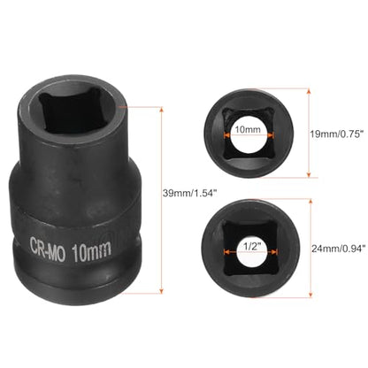 HARFINGTON 2pcs 4 Point Square Socket 1/2" Drive 10mm Metric Square Impact Socket CR-MO Blackening Standard Wheel Sockets Pneumatic Socket Tool for Auto Repair Mechanical Maintenance Home Use - size: 10mm