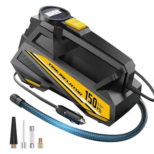 FLYKID Tire Inflator Portable Air Compressor- 12V DC Air Pump for Car Tires with 150PSI LCD Digital Gauge & Emergency LED Light,Auto Tire Pump for Cars,Motorcycles,Bikes,Balls - color: Yellow