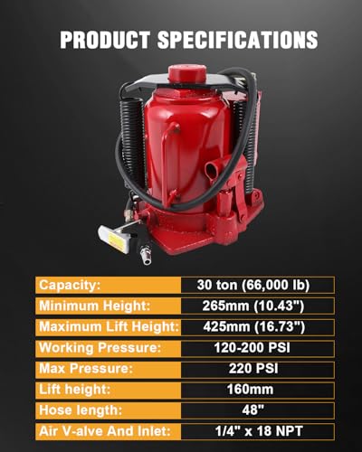 OCPTY 30 ton (66,000 lbs) Air Hydraulic Bottle Jack, Lifting Automotive | Welded for Repair Vehicle, Pickup, Truck, SUV, Industrial Engineering w/Manual Handle, Red