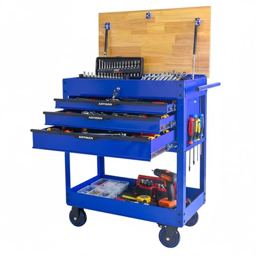 JOYBASE Rolling Tool Chest with Wood Top, Heavy Duty 3-Drawer Steel Mechanic Tool Cart with Wheels, Mobile Workbench Storage Cabinet for Garage, Workshop, Warehouse (Blue) - color: Wood Top - Blue