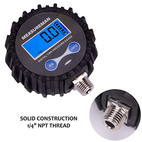 MEASUREMAN 2-1/2" Dial Size Digital Air Pressure Gauge with 1/4'' NPT Bottom Connector and Protective Boot, 0-200psi, Accuracy 1%, Battery Powered with LED Light (Pack of 2) - size: Short thread (Pack of 2), style: 0-200psi