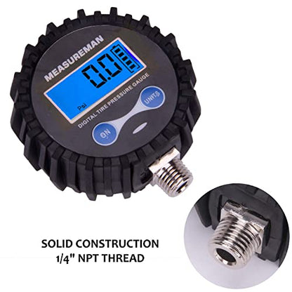 MEASUREMAN 2-1/2" Dial Size Digital Air Pressure Gauge with 1/4'' NPT Bottom Connector and Protective Boot, 0-200psi, Accuracy 1%, Battery Powered with LED Light (Pack of 2) - size: Short thread (Pack of 2), style: 0-200psi