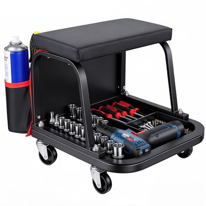 Rolling Mechanic Garage Stool on Wheels with Padded Cushion, Tool Tray Storage and Side Pockets, 300 LBS Capacity, Black - color: Black