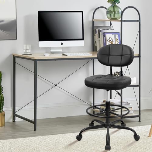 KLASIKA Drafting Stool with Backrest, Tall Adjustable Height Office Chair, PU Leather Swivel Rolling Stool with Footrest & Wheels for Standing Desk, Bar, Salon, Spa, Lab, Counter, Home, Black，4PK - color: Black With Backrest, size: 4PK
