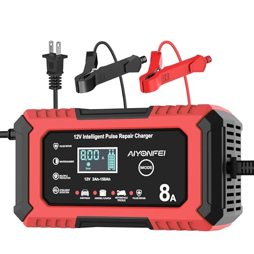 12V Battery Charger 8-Amp Smart Trickle Charger, Red | Battery Maintainer and Desulfator, Temperature Compensation, for Car, Truck, SUV, Motorcycle, Boat, Lead Acid, LiFePO4 ﻿ - color: Red
