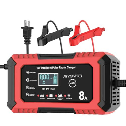 12V Battery Charger 8-Amp Smart Trickle Charger, Red | Battery Maintainer and Desulfator, Temperature Compensation, for Car, Truck, SUV, Motorcycle, Boat, Lead Acid, LiFePO4 ﻿ - color: Red
