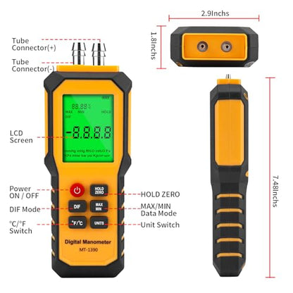 5/16 Inches Diameter Pressure Port Digital Manometer, YZT Meter Dual Port Air Pressure Meter Pressure Gauge HVAC Gas Tester, Differential Pressure Manometer - style: 5/16 Inches Diameter Port