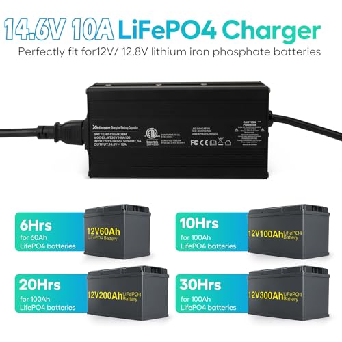 14.6V 10A LiFePO4 Battery Charger, 12V 4-String Lithium Smart Charger with Anti-Spark & Active PFC, Wide 90-264V AC for RV/Deep Cycle, Anderson to Alligator Clips - size: 12v 10a