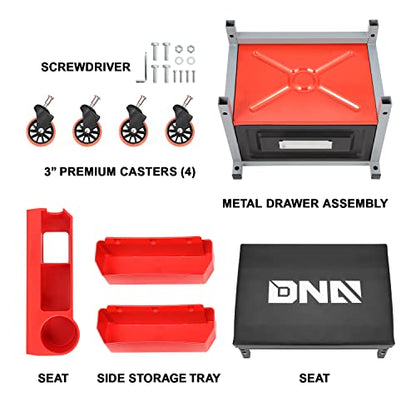 DNA Motoring TOOLS-00198 Adjustable Height Mechanics Roller Seat Creeper Stool With Padded Cushion, Tool Storage Drawer & Tray, 350 Lbs Max Weight Capacity - color: BLACK/RED