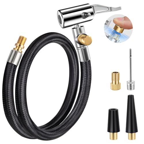 LUMITECO 21'' Quick Air Release Extention Hose, Tire Valve Extension Tube w/Presta Valve & Air Pump Ball Needle Set, Air Tire Inflator Pump Hose with Air Chuck Adapter for Portable Air Compressor - size: 21‘’ Hose Set