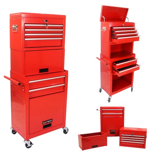 6-Drawer Tool Chest, 3-in-1 Rolling Tool Box with Detachable Top Toolbox & Key Lock,Tool Cabinet with Protective Liner & Universal Lockable Wheels,Metal Storage Cart for Garage,Workshop (Red) - color: Red, size: 6 Drawers