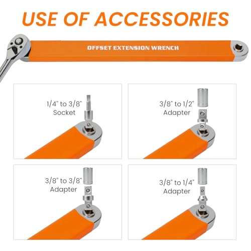 Offset Extension Wrench, Zero Degree Ratchet Extension Set Impact Ready Socket Wrench Extender Tool with 1/2", 1/4", 3/8" Drive Adapters and 1/4" Socket for Tight Place Orange - color: Orange