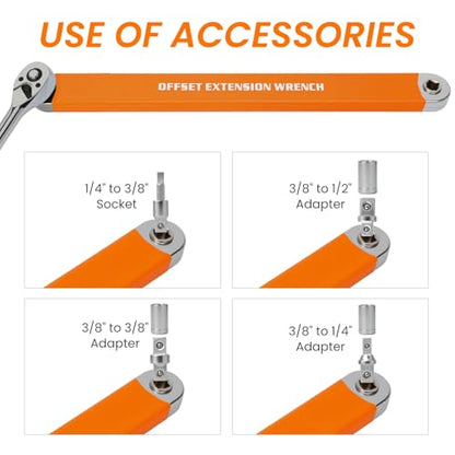 Offset Extension Wrench, Zero Degree Ratchet Extension Set Impact Ready Socket Wrench Extender Tool with 1/2", 1/4", 3/8" Drive Adapters and 1/4" Socket for Tight Place Orange - color: Orange