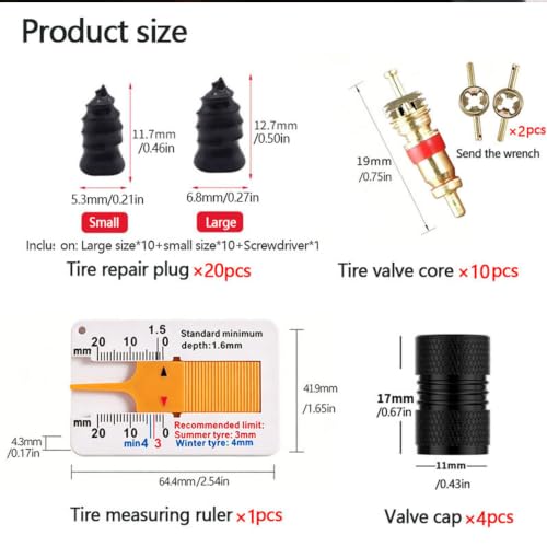Tire Repair kit with Spiral Rubber Plugs, Tread Gauge, Valve cores & Valve caps | Easy operation, fast repair tire punctures, emergency fix for punctured tires of cars, motorcycles, trucks and more