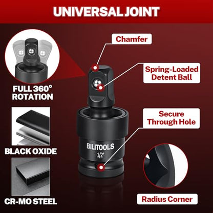BILITOOLS 17-Piece Impact Socket Adapter Set with U-Joints & Reducers | Cr-V Adapters, Cr-Mo Joints. Black Phosphate, Corrosion Resistant. Spring Detent Lock. 1/4 3/8 1/2 inch Drive, EVA Foam Tray