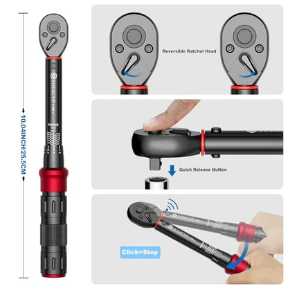 SUERCUP 3-25Nm 1/4-Inch Drive Click Bike Torque Wrench 18 PCS Set | Torque Wrench Set Dual-Direction Adjustable, 72 Tooth, Used for Bicycle Maintenance - size: 1/4" 3-25N.m 18PCS