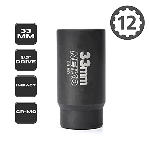 NEIKO 02524A 33mm Socket | 1/2” Drive Deep Impact Socket | Spindle & Axle Nut Socket | 12 Point |Chrome Molybdenum Cr-Mo |Deep Well Hub | Triple Square | Axle Shaft Nut Remover - size: 33 mm (Single)