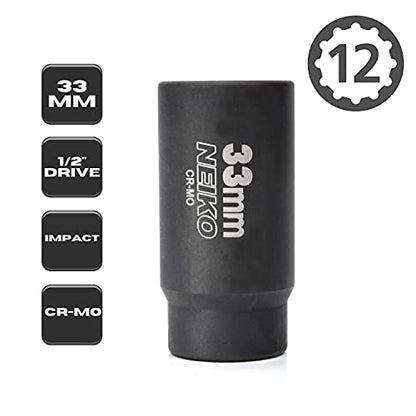 NEIKO 02524A 33mm Socket | 1/2” Drive Deep Impact Socket | Spindle & Axle Nut Socket | 12 Point |Chrome Molybdenum Cr-Mo |Deep Well Hub | Triple Square | Axle Shaft Nut Remover - size: 33 mm (Single)