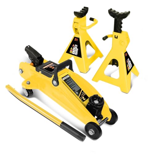 Auto Dynasty 2 Ton Floor Jack with Jack Stands, Heavy Duty Steel Hydraulic Racing Floor Jack with Single Piston Quick Lift Pump, Hydraulic Trolley Service Car Jack, Yellow - color: Yellow