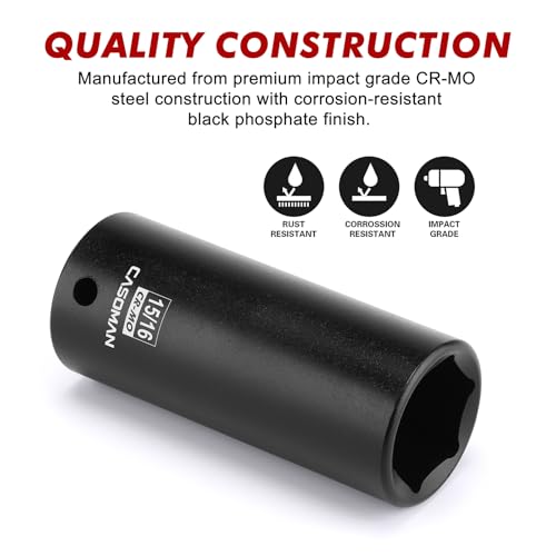 CASOMAN 1/2" Drive x 15/16" Deep Impact Socket, 6-Point, SAE, CR-MO - size: 23.81 mm (Deep), style: 6-Point Socket