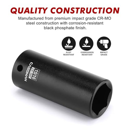 CASOMAN 1/2" Drive x 15/16" Deep Impact Socket, 6-Point, SAE, CR-MO - size: 23.81 mm (Deep), style: 6-Point Socket