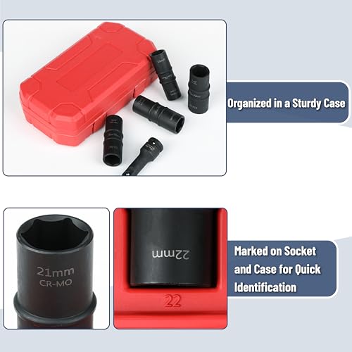 Bates- Lug Nut Impact Socket Set, 5 pcs, Lug Nut Socket Set 1/2 Drive, 21mm Lug Nut Socket, Lugnut Impact Socket Set, Lug Nut Sockets, 22mm Lug Nut Socket Set 1/2 Impact, Wheel Lug Nuts Socket