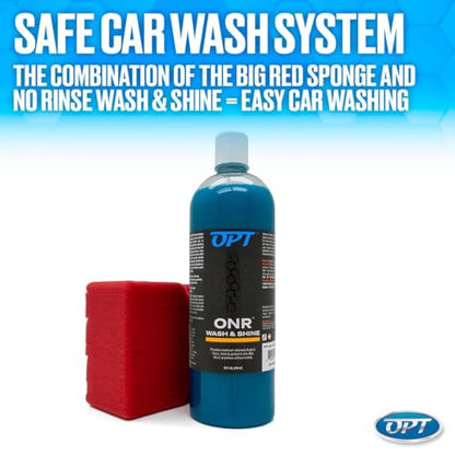 Optimum No Rinse Version 5 (32 Oz), Microfiber Drying Towel, and Big Red Sponge (BRS) Car Cleaning Kit, ONR Rinseless Car Wash, Drying Towel, and Wash Sponge for Washing and Auto Detailing - style: ONR, Sponge & Towel