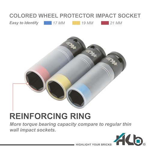 HB Wheel Protector Impact Socket & Dual-Drive Breaker Bar Set KKM001-U | 1/2" & 3/8" DR Flex Head Bar | Thin-Wall Color-Coded CR-MO Sockets 17mm 19mm 21mm with Protective Sleeves | Made in Taiwan - size: 1/2" DR. 17, 19, 21MM