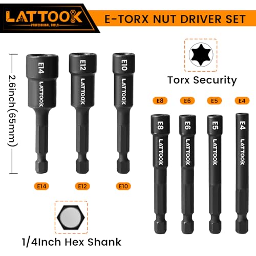 7PCS E-TORX Nut Driver Set | 1/4'' Hex Shank, Female Torx Nut Driver, External Star Nut Driver Set for Impact Drill, E4 E5 E6 E8 E10 E12 E14