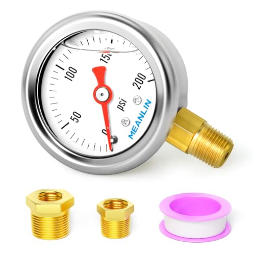 MEANLIN MEASURE 0~200Psi Stainless Steel 1/8" NPT 1.5" FACE DIAL, Glycerin Filled Pressure Gauge, Liquid Filled, Water Oil Air, Lower Mount, with 1/4" NPT and 3/8" NPT Hex Bushing - size: 0-200Psi